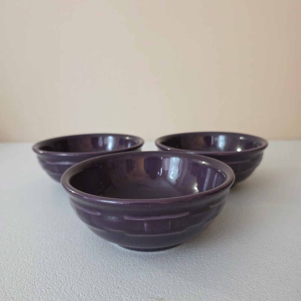 Longaberger Woven Traditions Soup Bowls Set of 3 Eggplant Pottery Farmhouse